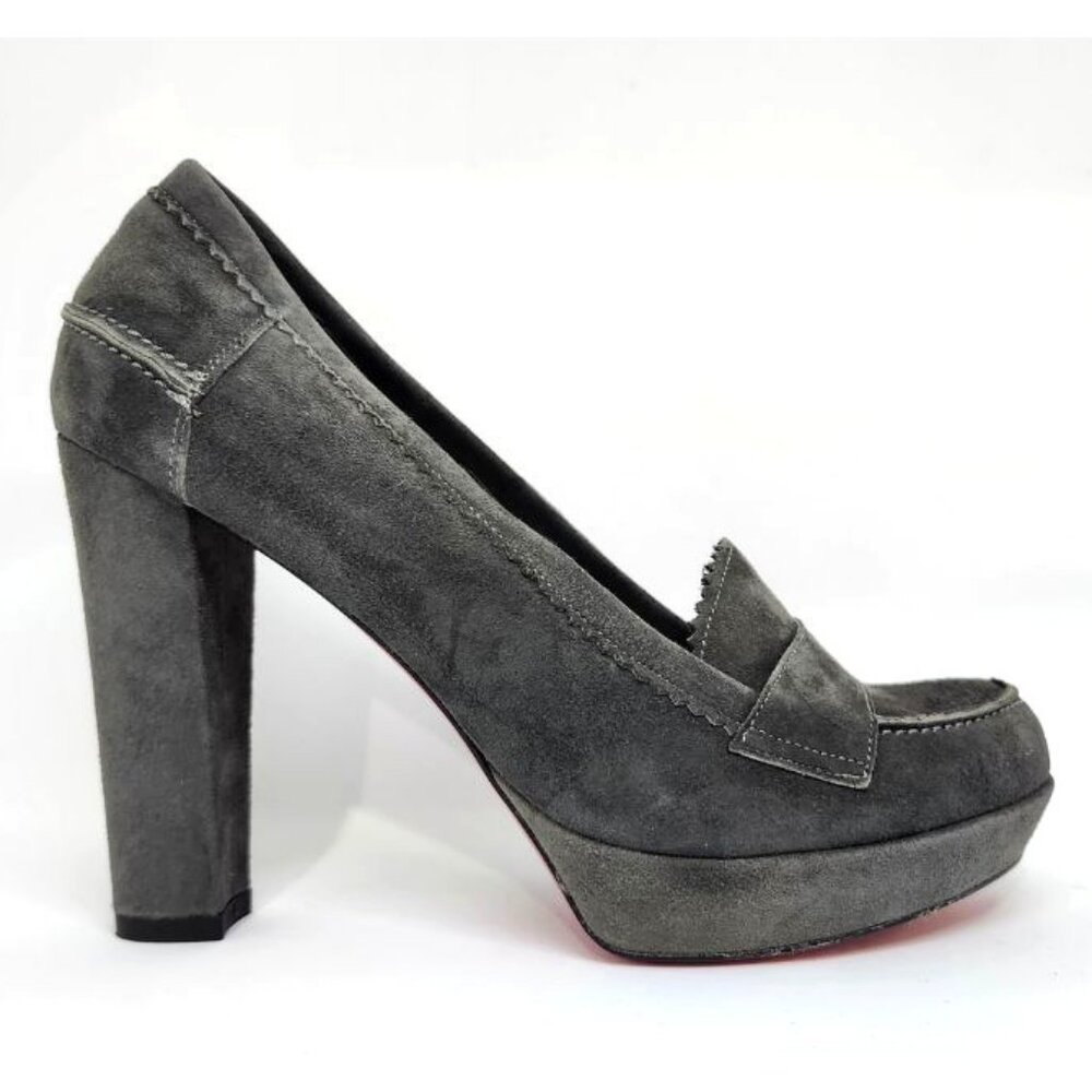 Laura Ferri Women's Grey Suede Block Heel Loafer W/Red Bottoms Size 7 & 8.5